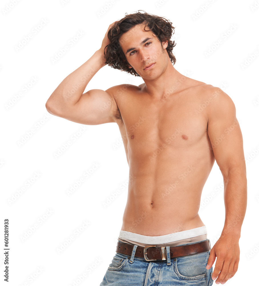 Sexy, jeans and shirtless with portrait of man for fashion, fitness and casual style. Health, body and muscle with male model isolated on white background for strong, diet and training mockup Sexy, jeans and shirtless with portrait of man for fashion, fitness and casual style. Health, body and muscle with male model isolated on white background for strong, diet and training mockup