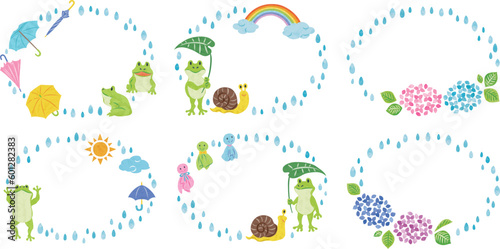 6月　梅雨　カエルや紫陽花　イラストフレームセット