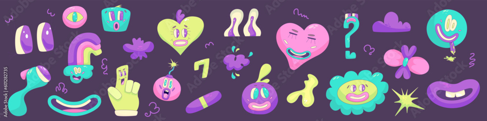 Psychedelic Character Funny set Face smile. Craetive comic trippy character cartoon graphic. Comic funny emotions. Vector illustration Psychedelic Character Funny set Face smile. Craetive comic trippy character cartoon graphic. Comic funny emotions. Vector illustration