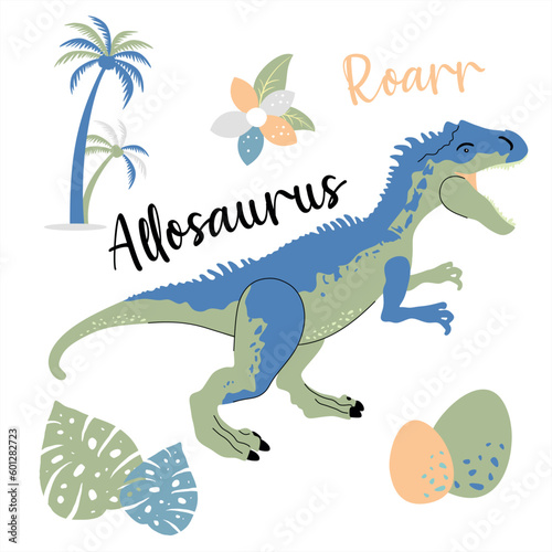 Cute dinosaur drawn as vector on white for kids fashion. Palm and volcano. Allosaurus.