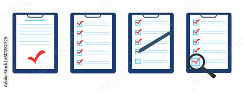 Set of icons of documents marked with a red check mark. Verified document. Checklist. Questionnaire, survey, clipboard, task list. Checklist with magnifying glass