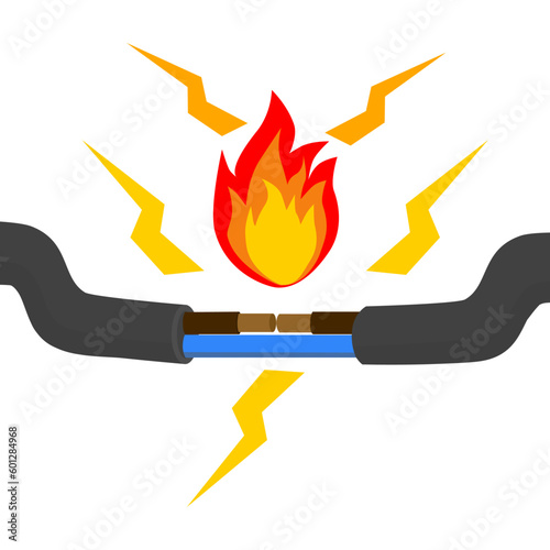 Wire is burning. Fire wiring. Faulty damaged cable. Fire from overload. Electrical safety concept. Vector illustration flat design. Short circuit electrical circuit. Broken electrical connection.