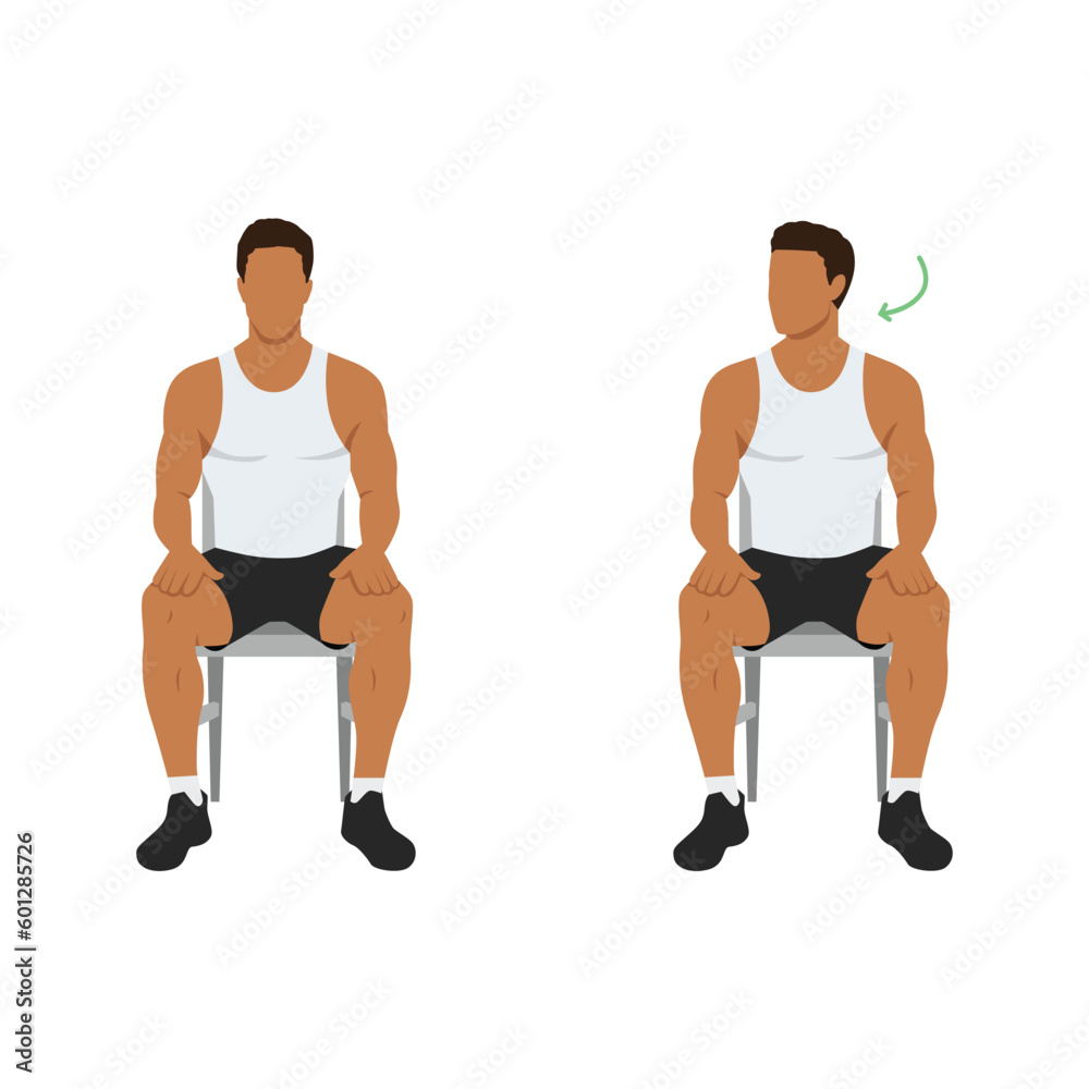 Man doing chair seated neck turns or head rotations. Neck rotation exercise. Turning head left and right. Healthy activity, office stretch. Flat vector illustration isolated on white background