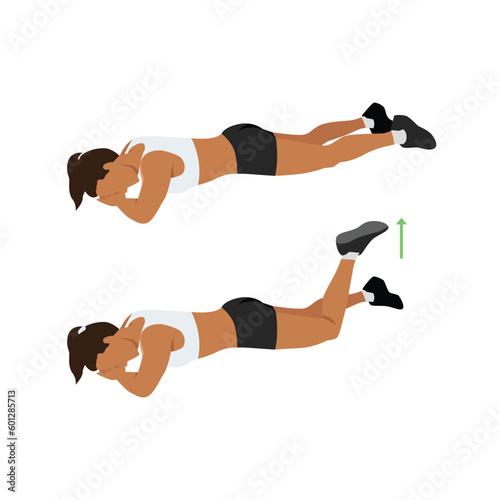 Woman doing prone or lying knee bends exercise. Flat vector illustration isolated on white background