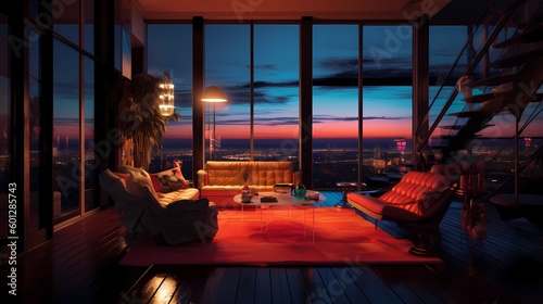 Concept art illustration of apartment living room interior in New York city. Generative AI