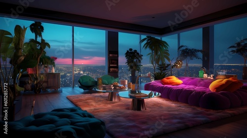 Concept art illustration of apartment living room interior in New York city. Generative AI © Alex Bur