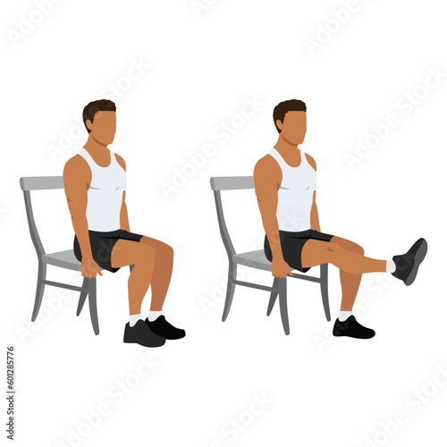 Man doing seated chair leg extensions. Flat vector illustration isolated on white background