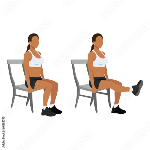 Woman doing seated chair leg extensions. Flat vector illustration isolated on white background