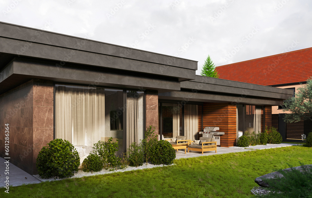 A modern house with a flat roof and panoramic windows surrounded by nature. 3D visualization