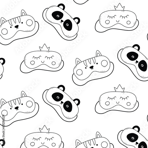 Sleep masks seamless pattern. Doodle style. Vector illustration. Printed with cute sleep masks. Sleep mask with panda, cat and princess.