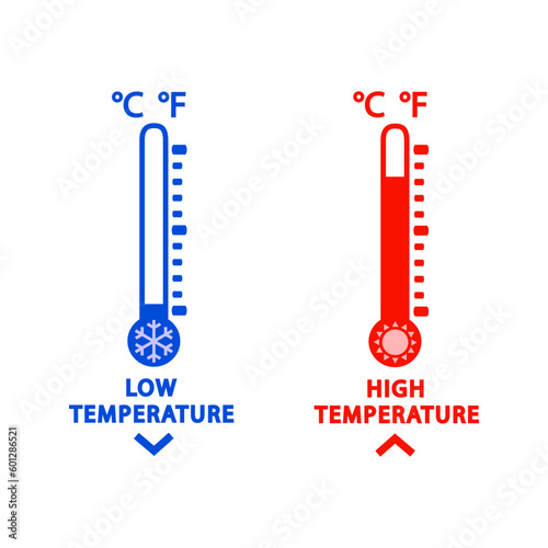 Low temperature High temperature celsius fahrenheit. Cold warm thermometer. Temperature weather thermometers with celsius and fahrenheit scale.