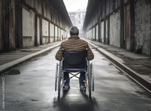 A disabled man on a wheelchair in the office Young man with disabilities in Asia. A man on a wheelchair Recovery and health care ideas Teamwork in Office created with Generative AI technology