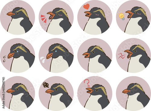 イワトビペンギンの表情アイコンセット