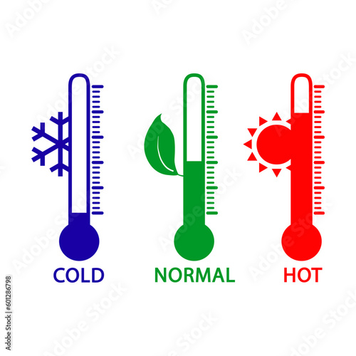 Temperature scale symbols cold, normal, hot, blue, green and red. Set Temperature flat vector icon symbol. Temperature scale symbol.