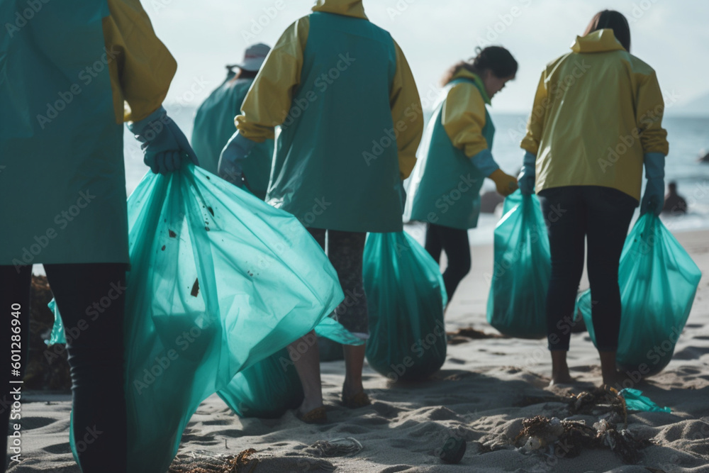 A group of people unrecognizable participating in a beach cleanup promoting environmental conservation and community engagement,
