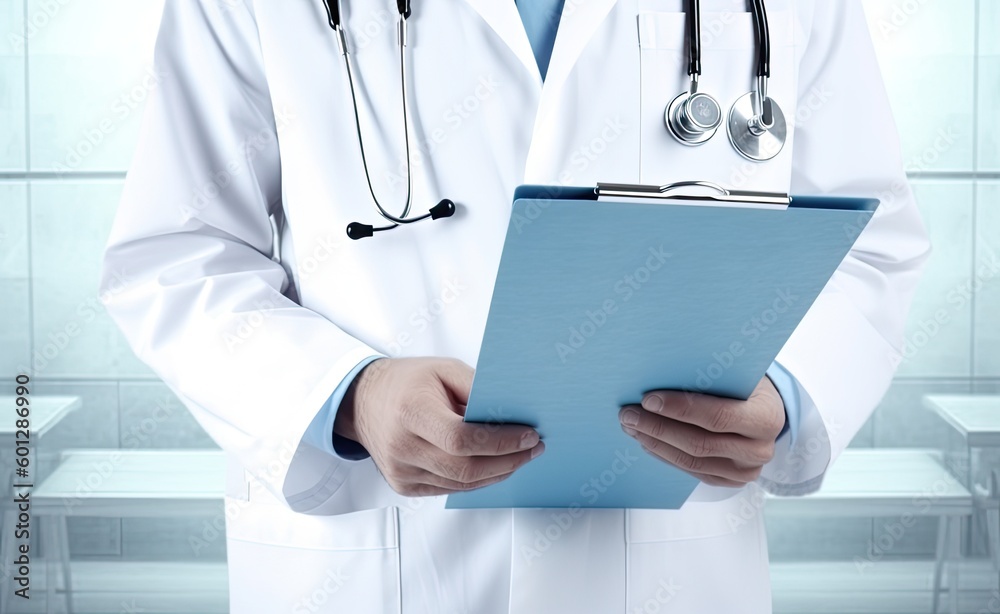 Quality Medical Services. Unrecognizable Male Doctor In Uniform Taking Notes To Clipboard While Standing In Hospital Corridor, Cropped Image, Panorama created with Generative AI technology Quality Medical Services. Unrecognizable Male Doctor In Uniform Taking Notes To Clipboard While Standing In Hospital Corridor, Cropped Image, Panorama created with Generative AI technology