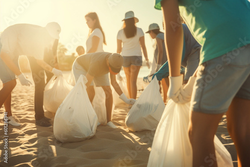 A group of people unrecognizable participating in a beach cleanup promoting environmental conservation and community engagement 