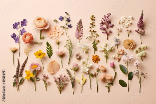 Arrangement of spring flowers against a beige background. Blooming concept. Flat lay. Minimalistic concept
