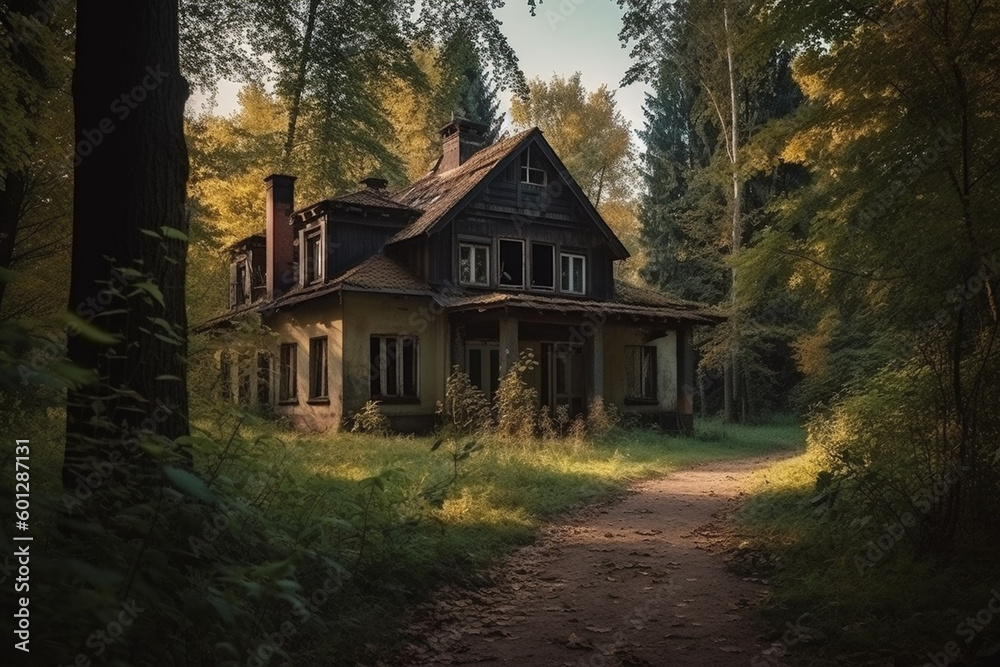 photo of an old house in the middle of the forest