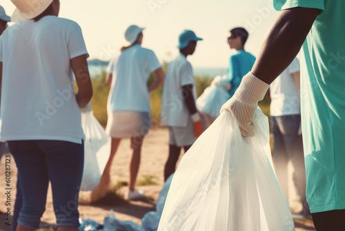 A group of unrecognizable people engaged in a community cleanup promoting environmental conservation and civic engagement