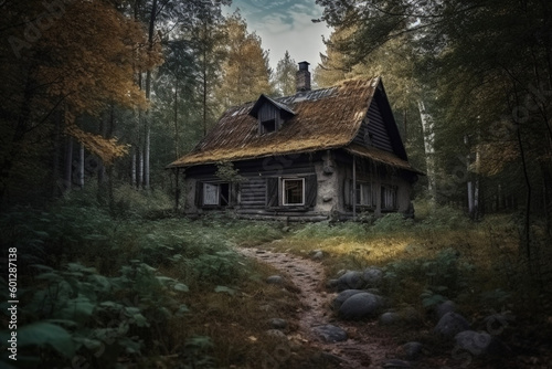 photo of an old house in the middle of the forest