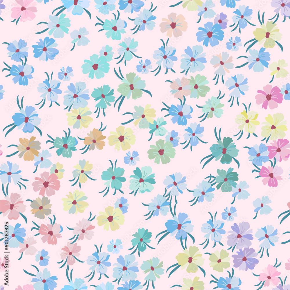 Vector seamless pattern with lots of small flowers of different colors on a light pink background. In pastel colors.