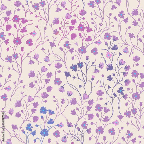 Spring floral pattern of purple and blue flowers and twigs on a light beige background.