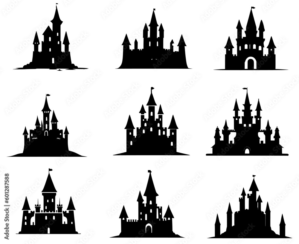 set of castle silhouettes on isolated background - obrazy, fototapety, plakaty 