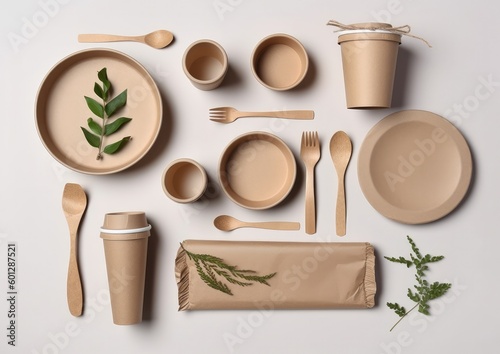 Flat lay composition, set of eco-friendly tableware and kraft paper food packaging on light gray background. Street food paper packaging - cups, plates, straws, containers, and paper bags. Mockup