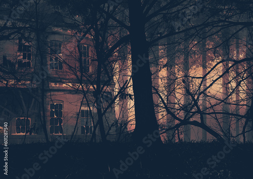 レトロな夕暮れの森の中の崩れた洋館のイラスト