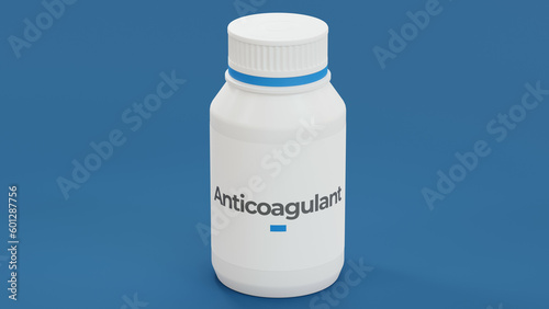 Anticoagulant drug bottle on blue background. Blood clot prevention medicine 3d rendering.