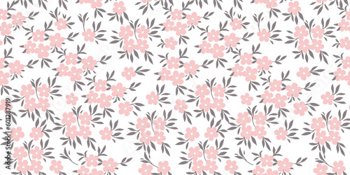 Seamless pattern of vector pink flowers and black leaves. Floral background of blooming flowers on a white background in pastel colors.