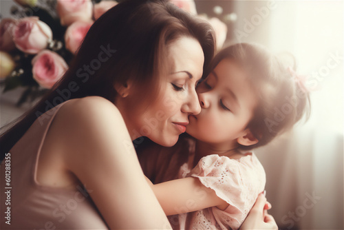 Caucasian mother and child hugging