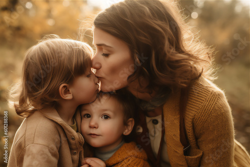 Caucasian mid woman and two daughter kissing and hugging