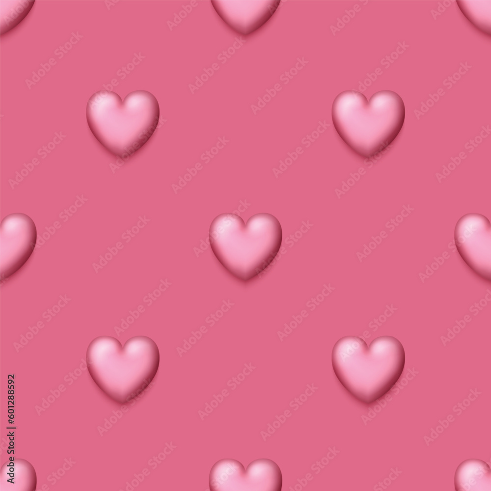 Seamless Colorful Aesthetic Pattern with Cute Hearts. Romantic Simple Design Element. Monochromatic Pink Texture. Design for Prints, Fabrics, Wallpapers etc. Vector 3d Illustration