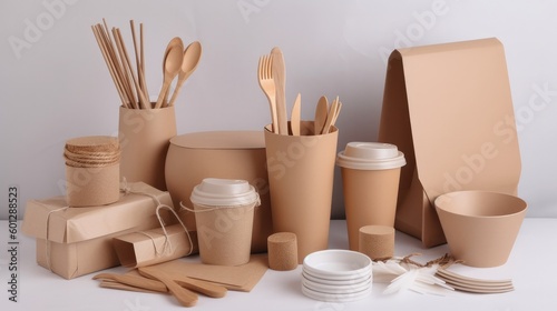 Set of eco-friendly tableware and kraft paper food packaging on light gray background. Street food paper packaging - cups, plates, straws, containers, and paper bags. Mockup