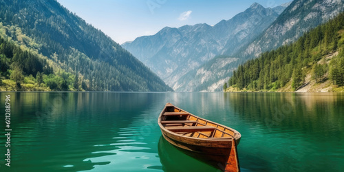 Wooden Boat on the Lake, Generative AI © Aleksandr Bryliaev