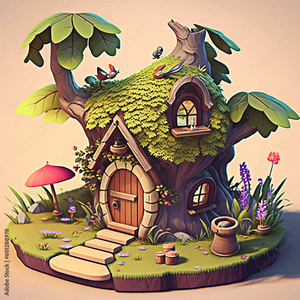 Realistic Fairy House in the Garden Cartoon Style Created with Generative Ai Technology