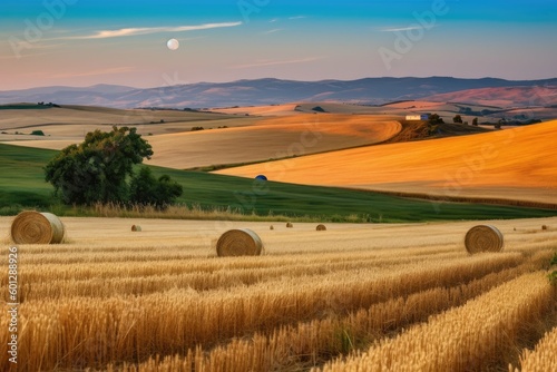 harvest moon shining over rolling hills and crops, created with generative ai