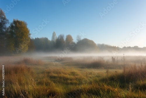 morning mist, rising from meadow and floating into the sky, created with generative ai