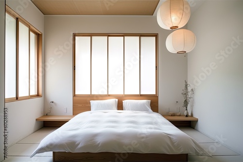 japanese-inspired bedroom, with minimalist design and crisp white linens, created with generative ai