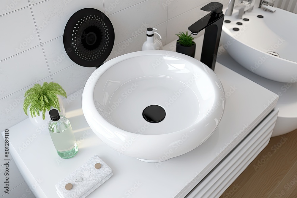 Fototapeta premium a round white washbasin with a black drain, surrounded by sleek and modern bathroom accessories, created with generative ai
