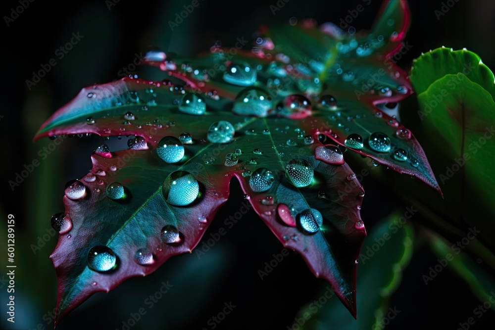 Fototapeta premium close-up of neon plant, with droplet of water on leaf, created with generative ai