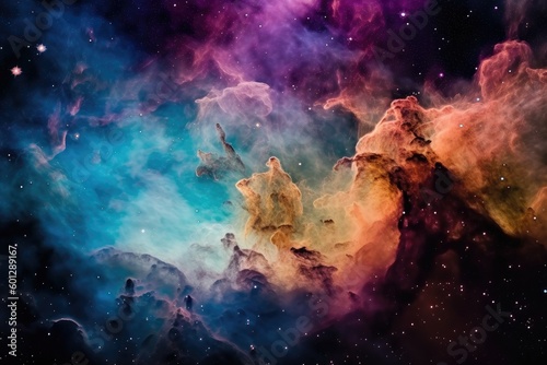 close-up of colorful nebula, with stars and galaxies in the background, created with generative ai