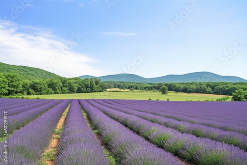 lavender field with view of rolling hills and clear blue sky, created with generative ai