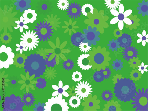 カラフルな花がいっぱい_花柄背景素材_ビビッドグリーン系