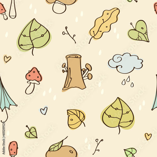 Autumn simple lines seamless pattern - stump, mushrooms, leaves, amanita, rain drops, umbrella. Doodles, pastel autumn colors.