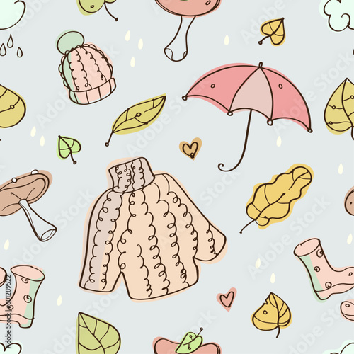 Autumn simple lines seamless vector pattern - mushrooms, leaves, rain drops, umbrella, warm clothes. Doodles, pastel colors.
