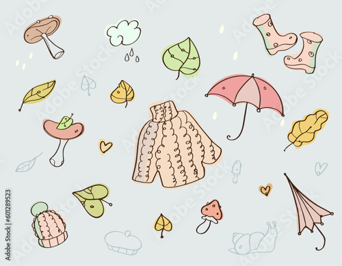 Autumn simple lines vector set - mushrooms, leaves, rain drops, umbrella, warm clothes. Doodles, pastel colors.