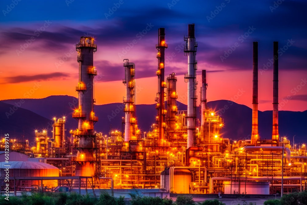 Oil refinery at twilight.AI generated.